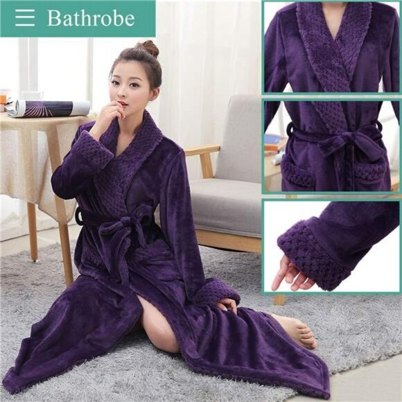 Women Long Fleece Robe Flannel Bathrobes for Winter Thicker Coat with Pockets - Picture 5 of 6